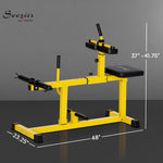 Adjustable calf raise machine with adjustable thigh pads and dual Olympic weight posts, featuring a durable steel frame.