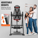 Adjustable heights of foldable inversion table for strength training for all family members with smiling users.