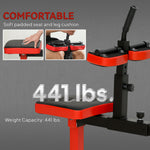 Close-up of adjustable calf raise machine showing soft padded seat, leg cushion, and maximum weight capacity of 441 lbs.