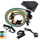 Latex resistance bands workout set featuring multiple resistance levels and foam handles for fitness training and exercise.