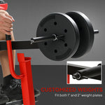 Adjustable calf raise machine featuring customized weights for 1" and 2" plates.