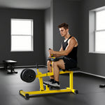 Man using an adjustable calf raise machine for leg exercise in a gym setting.