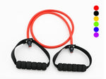 Latex resistance bands workout featuring red exercise band with foam handles for strength training and toning.