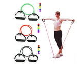 Latex resistance bands workout with foam handles for fitness and exercise, including green, red, and black bands.