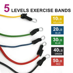 5 levels exercise resistance bands set with varying weights from 10LB to 50LB in different colors.
