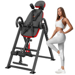 foldable inversion table for strength training with a woman in athletic wear demonstrating use
