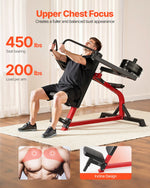 Incline chest fly machine demonstrating upper chest focus with 450 lbs seat bearing and 200 lbs load per arm.