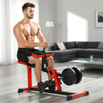 Man using adjustable calf raise machine for leg training in a modern home gym setting.