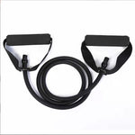 Latex resistance bands workout exercise equipment with foam handles for strength training and muscle toning.