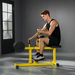 Man using an adjustable calf raise machine for calf workouts in a well-lit gym.