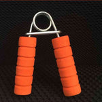 hand strength training equipment with orange foam grips for hand rehabilitation and exercise.