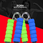 Hand strength training equipment featuring blue and green grips for enhancing grip strength and hand rehabilitation.