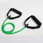 Latex resistance bands workout featuring green resistance tubing with foam handles for fitness exercises.