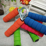 Colorful hand strength training equipment featuring ergonomic grips in red, green, blue, and orange for effective exercise.