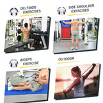 Collage of exercise resistance bands set workouts including deltoids, side shoulder, biceps, and outdoor exercises.