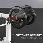 Adjustable seated calf raise machine showing customizable intensity for different weight plates.