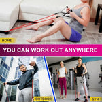 Woman exercising with resistance bands at home; you can work out anywhere with this exercise resistance bands set.