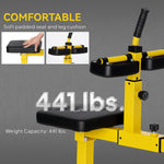 Adjustable calf raise machine features soft padded seat and leg cushion with 441 lbs weight capacity for maximum comfort.