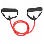 Latex resistance bands workout with foam handles for strength training and fitness exercise.