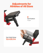 Incline chest fly machine adjustments showing 9 seat positions and height range of 13.4 to 20.5 inches for all athletes.